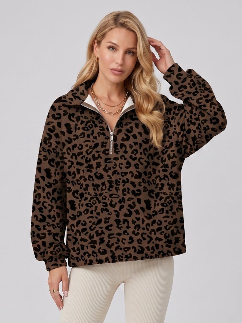 Women's Brown Leopard Print Pullover Sweatshirt Half Zip Drop Shoulder Loose